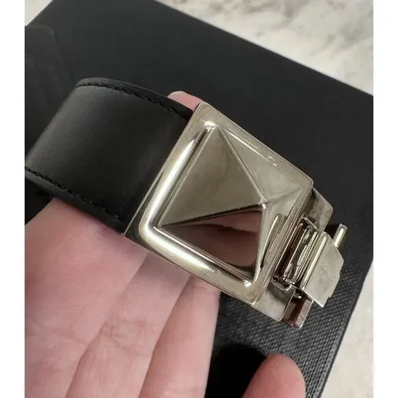 Auth Saint Laurent YSL Black Leather Stud Bracelet Small Sized Metal - Picture 6 of 16